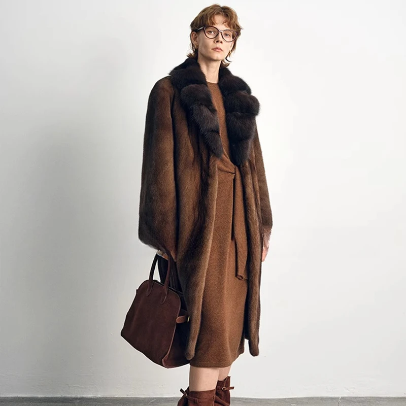 Ftangaiur Winter Import Velvet Mink Fur Coat Turn-Down Collar With Sashes Mink Coat Women X-Long Natural Real Mink Fur Coats