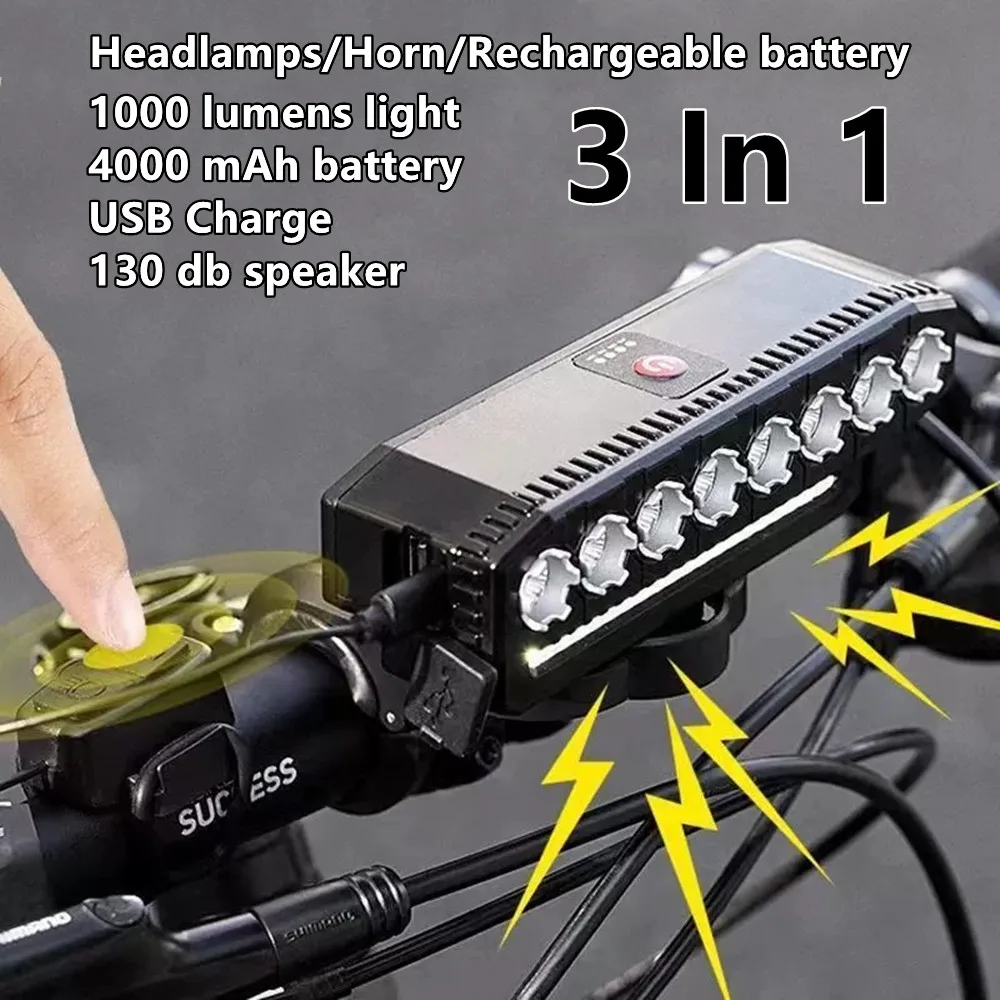 8 LED Bike Front Light with Horn 130dB Bell 6 Modes USB Rechargeable Waterproof Bicycle Headlights MTB Cycling Lamp 1000 LM