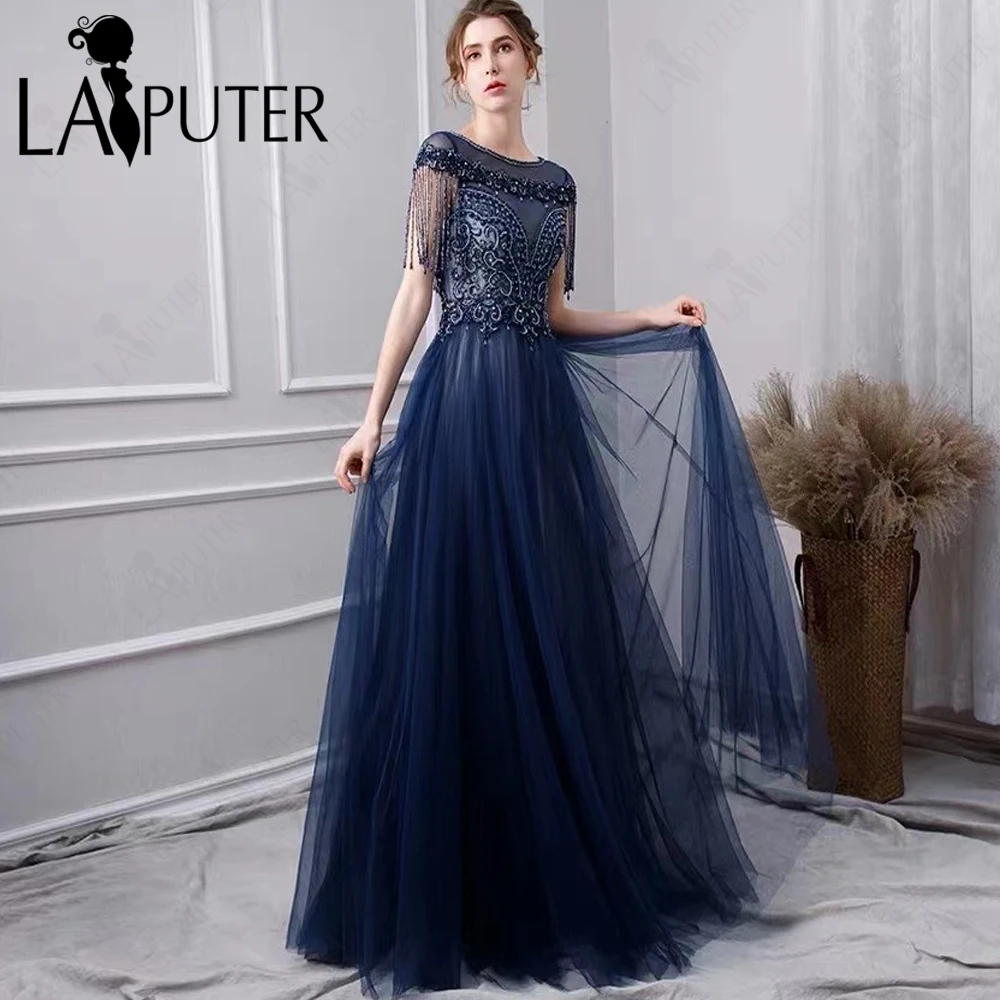 

Navy Mother of the bride Dresses A line Luxury Crystal Beaded Bodice Cap Sleeves Evening Gown Illusion Back Tulle Celebrity Gown