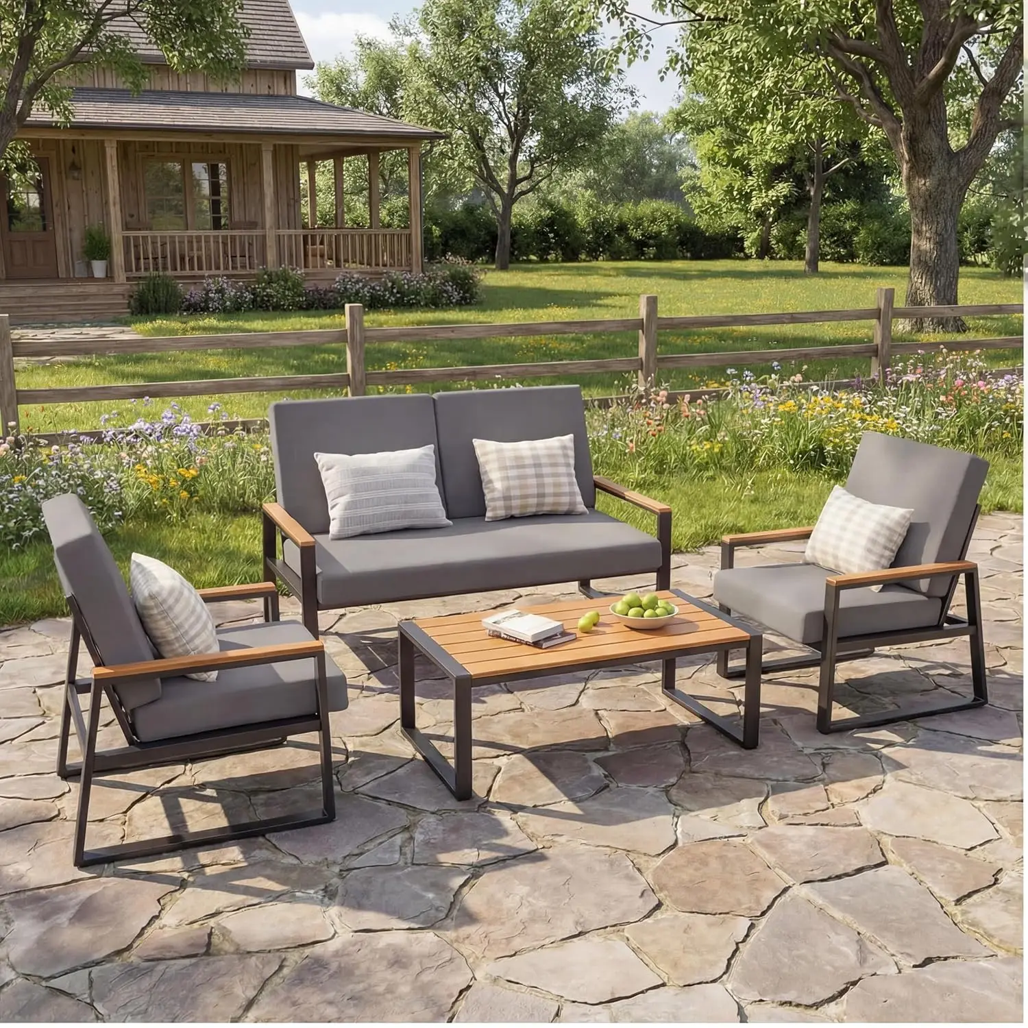 4 Piece Gray Metal Frame Outdoor Patio Furniture Set with Removable Cushions Coffee   for Yard Poolside Conversation