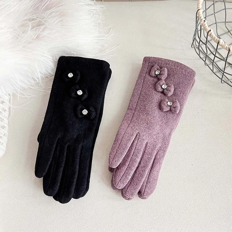 Winter Gloves for Women, Cashmere Light Plate, Diamond Wearing Bow, Fashionable Two-color Warm Split Finger Gloves