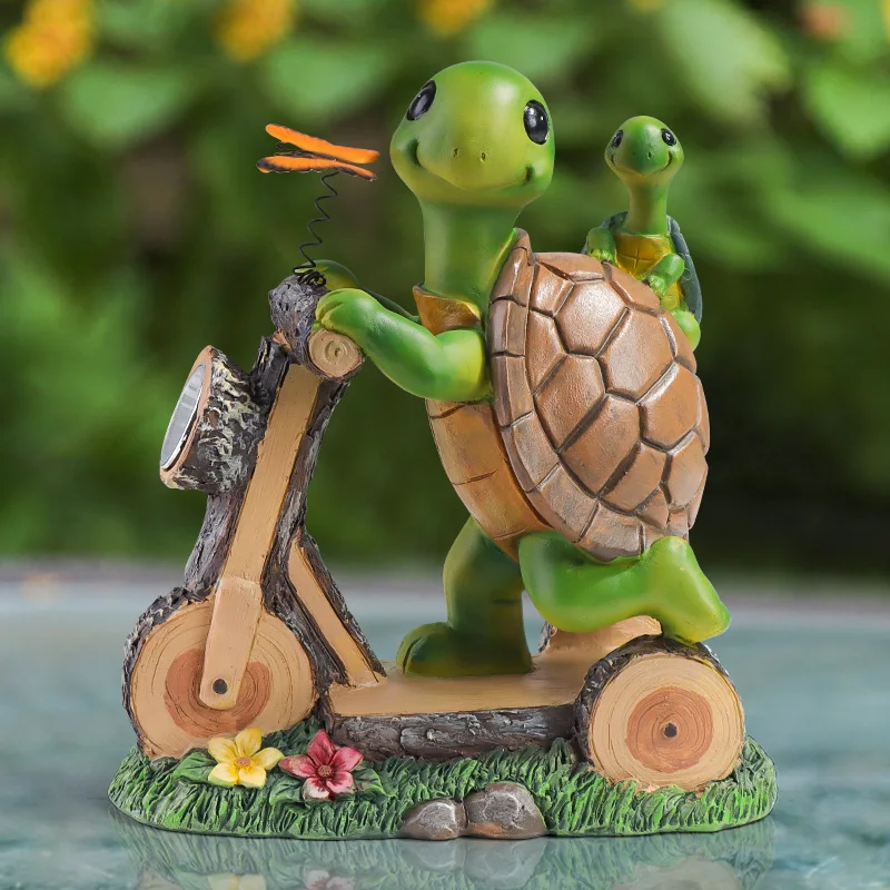 Solar Powered Resin Turtle Riding Bicycle Courtyard Night Light Ornament, Cute Turtle with Butterfly Garden Courtyard   JJ2683