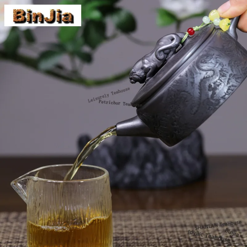 280ml Yixing Purple Clay Teapots Handmade Dragon Tiger Large Caliber Pot Raw Ore Xuan Iron Stone Yellow Mud Kettle Zisha Tea Set