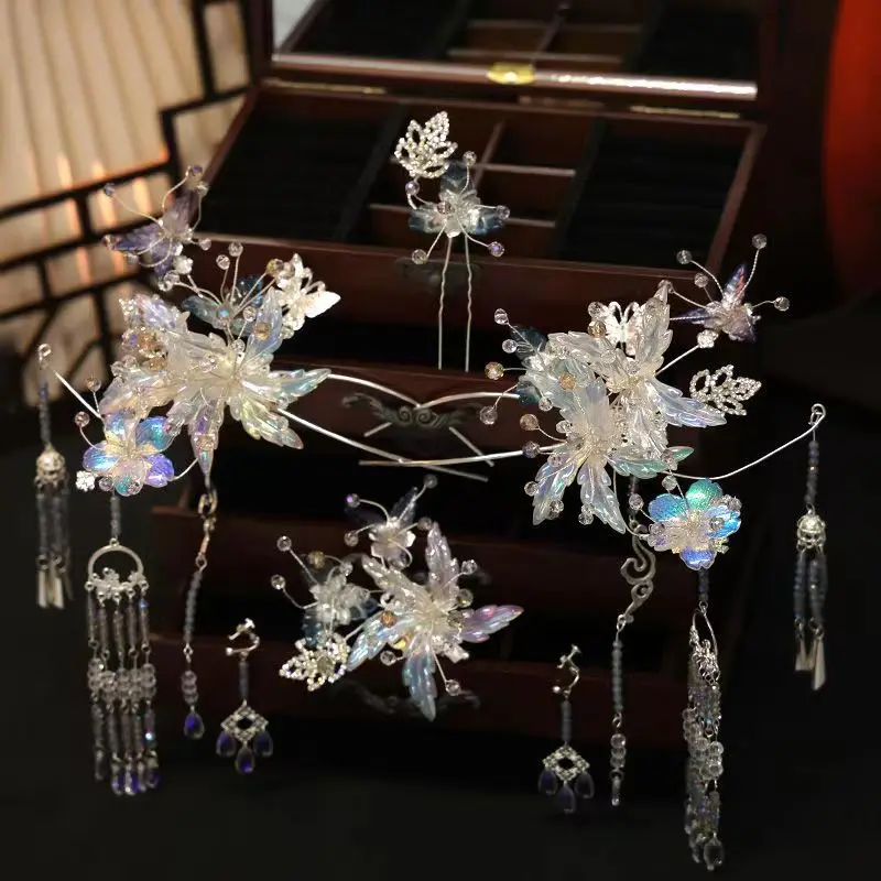 Sweet Chinese Bride Handmade Clear White Flower Ancient Costume Hairpins Set Bridal Xiuhe Headpiece Accessories