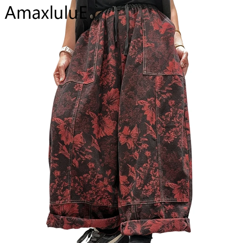 Amax LuluE 2026 Fall Printed Jeans Womens Fashion Loose Floral Wide Leg Pants Ladies Vintage Casual Elastic Waist Denim Trousers