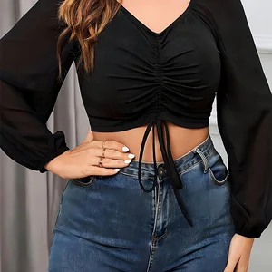 Dünne Tops mit weiblicher Ärmel aus der Schulter, gut einstellte sexy Hemden, mit Spitze, V -Neck, Monochrom, Plus Größe, modisch 10 Hauptverkäufe Black Plus Size Bluse - №3