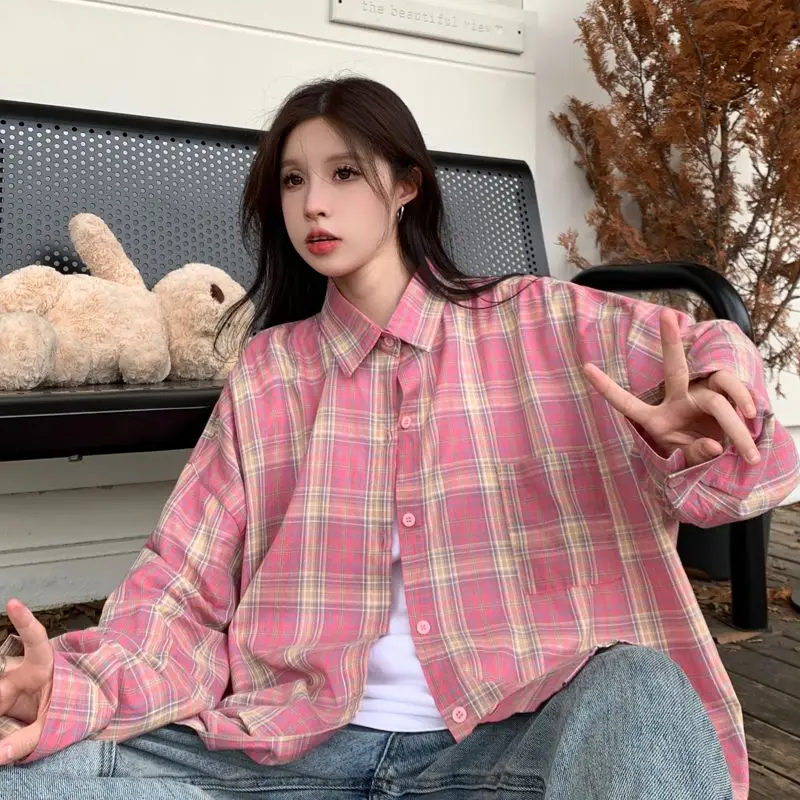 

Sweet Pink Plaid Shirt Women's Spring Autumn Anti-Aging Fashionable Long Sleeve Top Design Sense Outerwear Casual Style Loose...