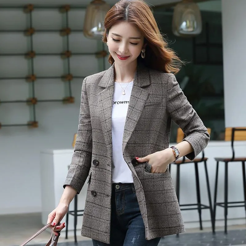 

New Autumn Winter Fashion Plaid Blazer Women Lapel Long Sleeve Tweed Office Lady Jacket Coat Vintage Slim Suit Outwear Casaco