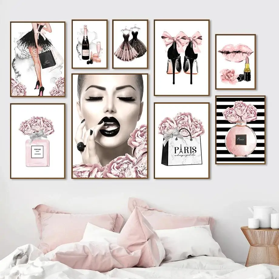 Nordic Pink Floral  High Heels Fashion Poster Sexy Woman Canvas Print for Girls Room Decor