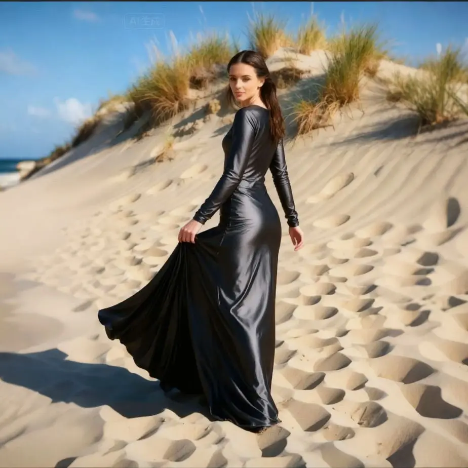 Czarna, błyszcząca sukienka maxi z satynowego jedwabiu, elegancka sukienka wkładana przez głowę, odzież do spania.