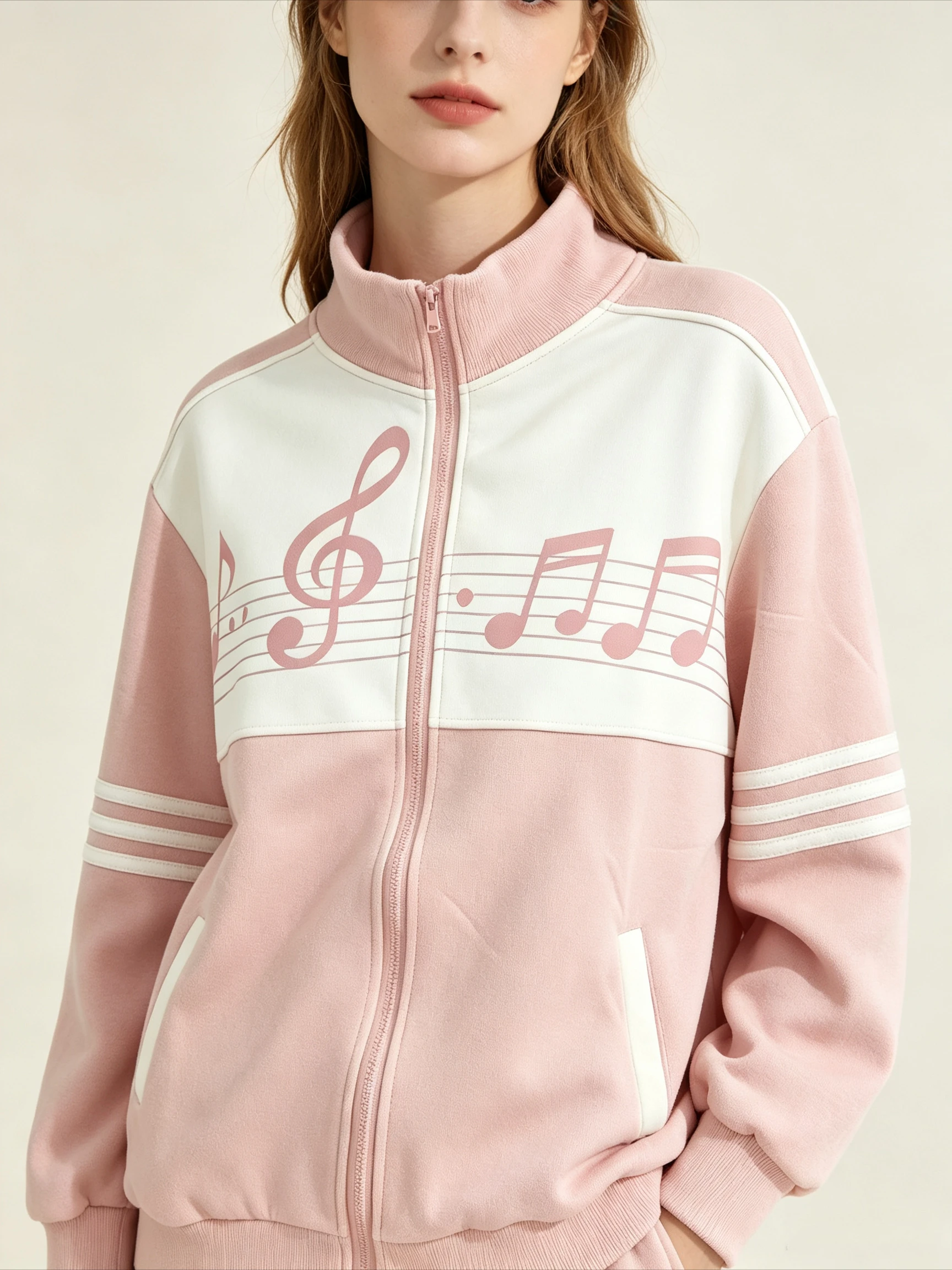 Stand Collar Zip Up Track Jacket Music Note Treble Clef Print Contrast Color Striped Sleeve Pockets Casual Sporty Outerwear Coat