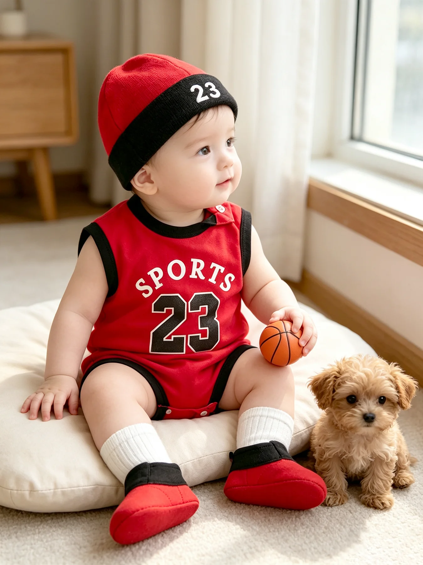Nein. 23 Rot-weißes, farblich abgesetztes, ärmelloses 3-teiliges Activewear-Set aus Baumwolle für Baby-Jungen – ein lustiges und verspieltes Geschenkset für Fotoshootings – Detail 7