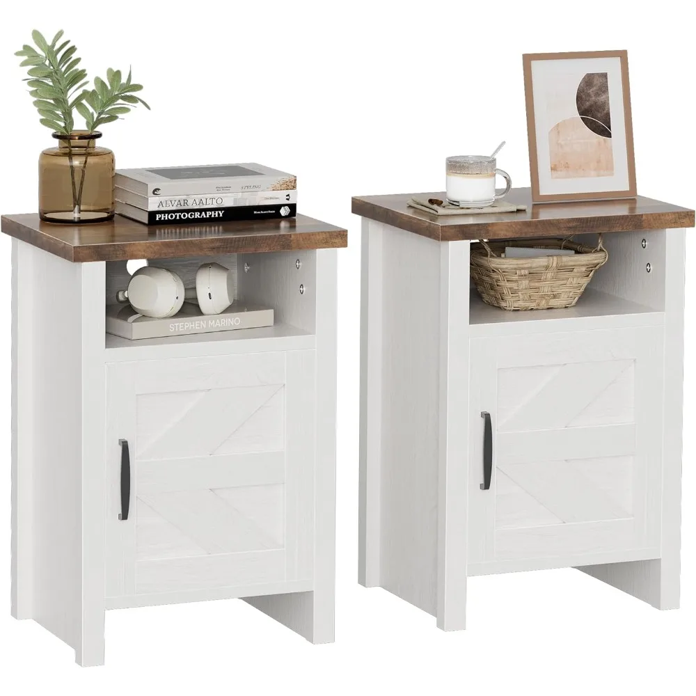 

Farmhouse Modern Nightstand with Shelf and Barn Door, Set of 2 for Bedroom, White