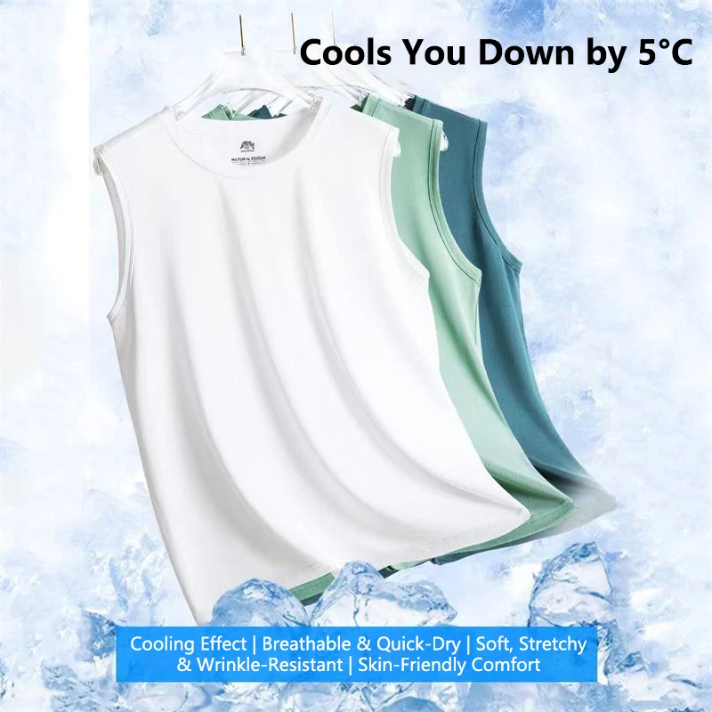 Men Ice Silk Mesh Sleeveless Tank Top Lightweight Quick Dry Breathable Solid Color Sports Vest Fashion Gym Running Tank Top