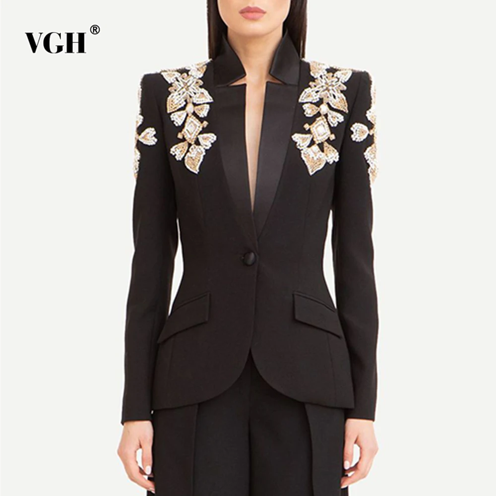 VGH Sexy Spliced Diamonds Slimming Solid Blazers For Women Deep V Neck Long Sleeve Autumn Temperament Coat Female Fashion New