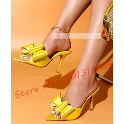 Rhinestone Satin Butterfly-Knot High Heels Mules Women Sparkly Pointy Open Toe Sweet Shoes Girls Summer Holiday Silk Slippers