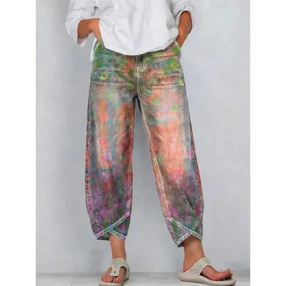 Kurze Harem-Capri-Hose mit abstraktem geometrischem Aufdruck für Damen, Baumwolle, lockere Passform, Tulpen-Wickelhose, knöchellange Freizeithose, XXS-4XL – Detail 10