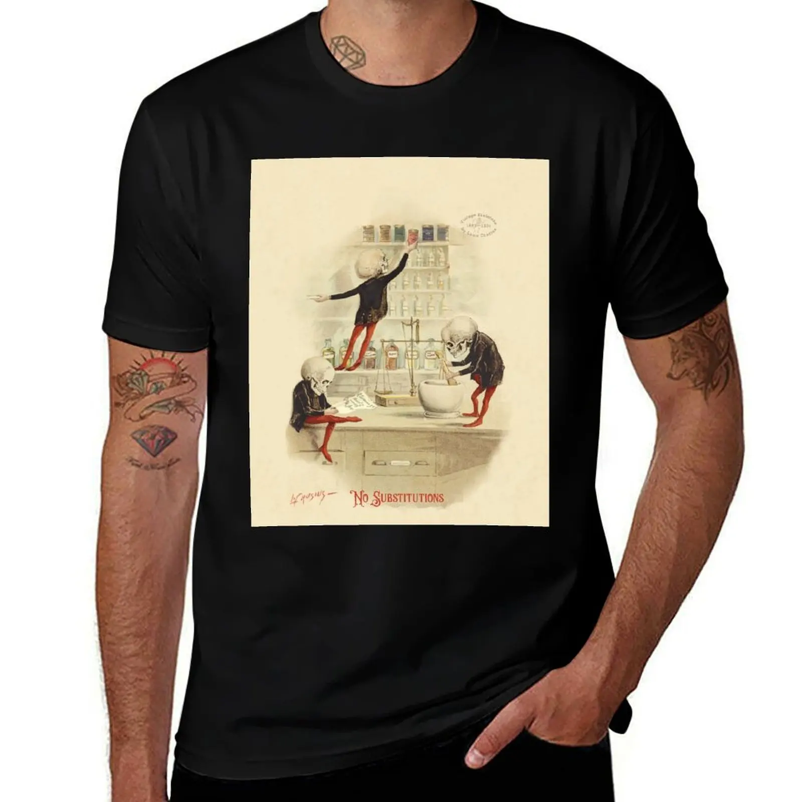 Antikamnia, Funny Bones calendar: No Substitutions, pharmacists at work T-Shirt Basic Crew Neck Short Sleeve Top T-Shirt