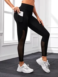 Women Mesh Stitching with Pocket Yoga Leggings Comfy High Waist Quick Dry Sports Pants Fitness Gym Activewear Push Up Leggings