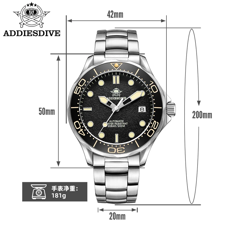 ADDIESDIVE New Men Watch Automatic Sapphire Glass NH35 Steel Ceramic Bezel Super Luminous 200meters Waterproof Mechanical Watch