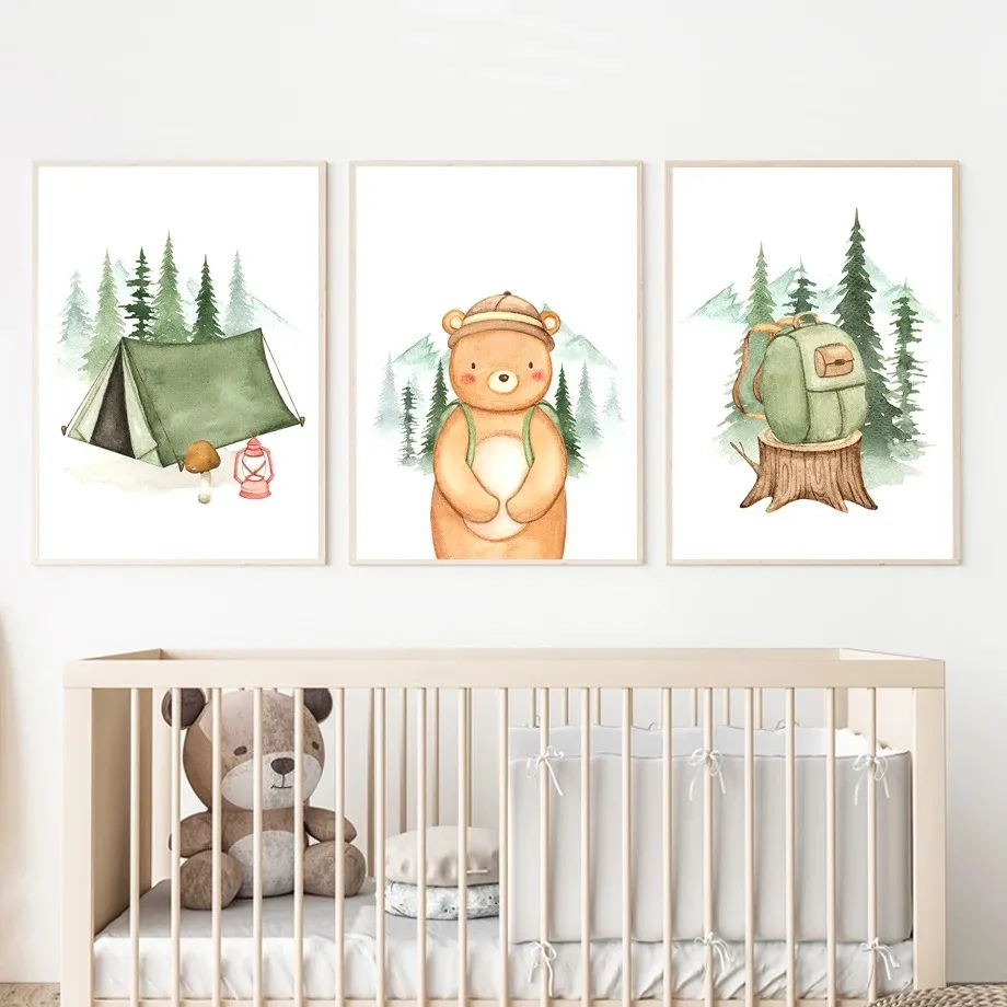 Cartoon Forest Camping Tent Animals Hedgehog Bear Art Canvas Painting Nordic Posters Prints Wall Pictures For Kids Room Decor