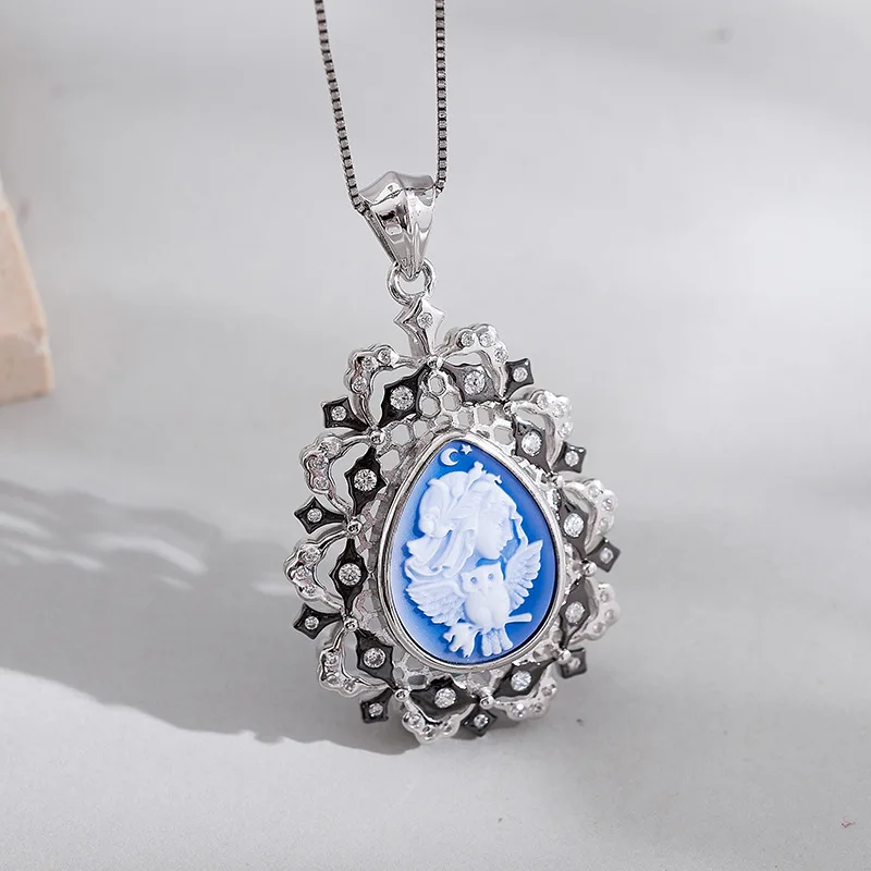 S925 Sterling Silver Pendants for Women Men New Fashion Water-drop Blue Agate Unicorn Owl Emboss Hollow Jewelry Free Shipping