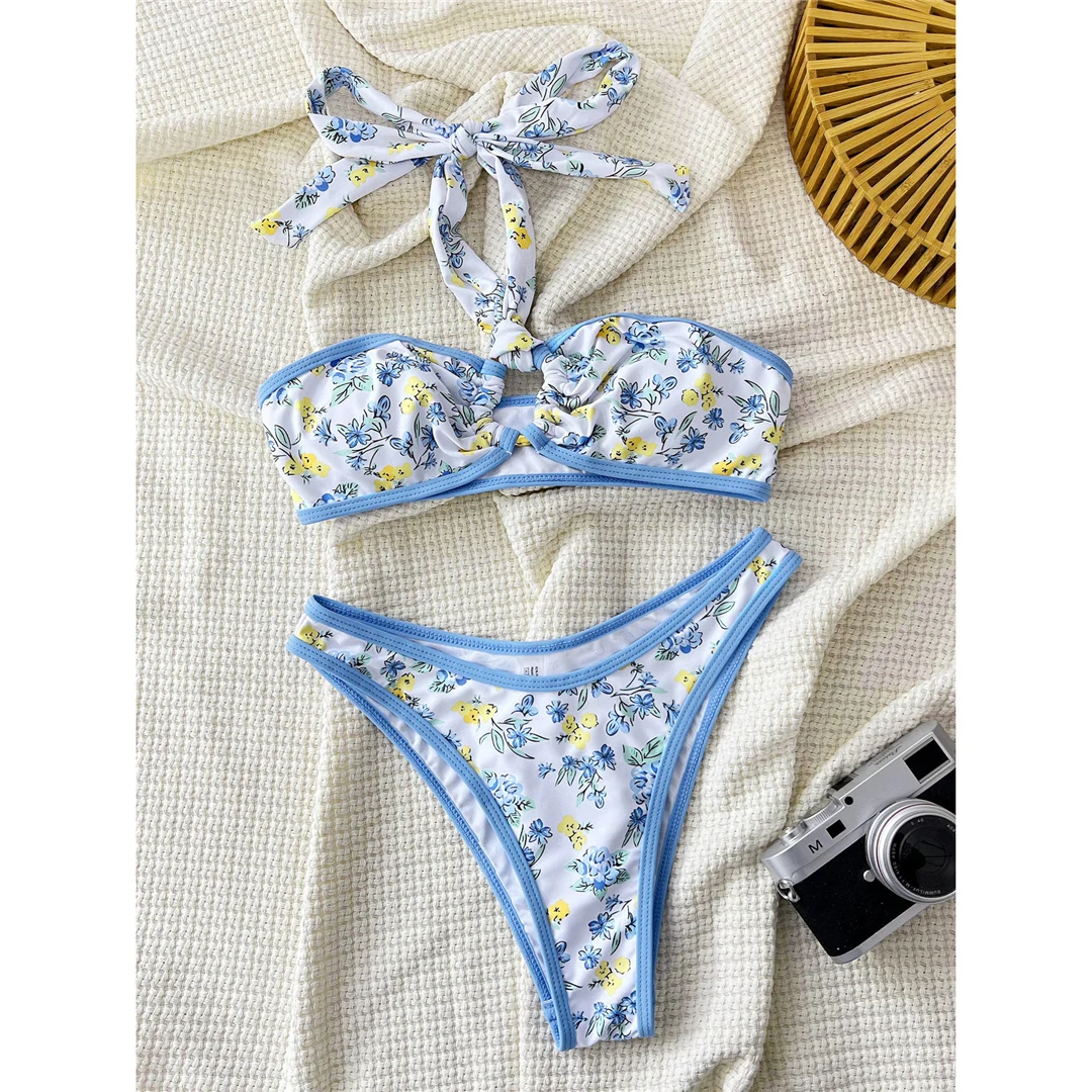 Sexy, mit Blumenmuster bedruckter, brasilianischer Bikini, Damen-Badeanzug, zweiteiliges Bikini-Set, Badebekleidung, Badeanzug, Modell V6371. – Detail 5