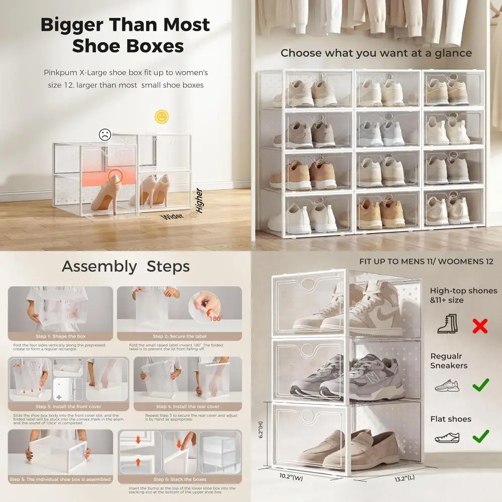 

Коробки для хранения обуви X-Large, прозрачные штабелируемые органайзеры для обуви размера US 11, идеально подходят для демонстрации кроссовок и хранения в домашнем шкафу.