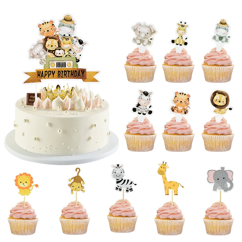 Topper de pastel de animales de dibujos animados para fiesta del bosque, Impresión de cumpleaños, taza de baño para bebé, inserto de pastel de