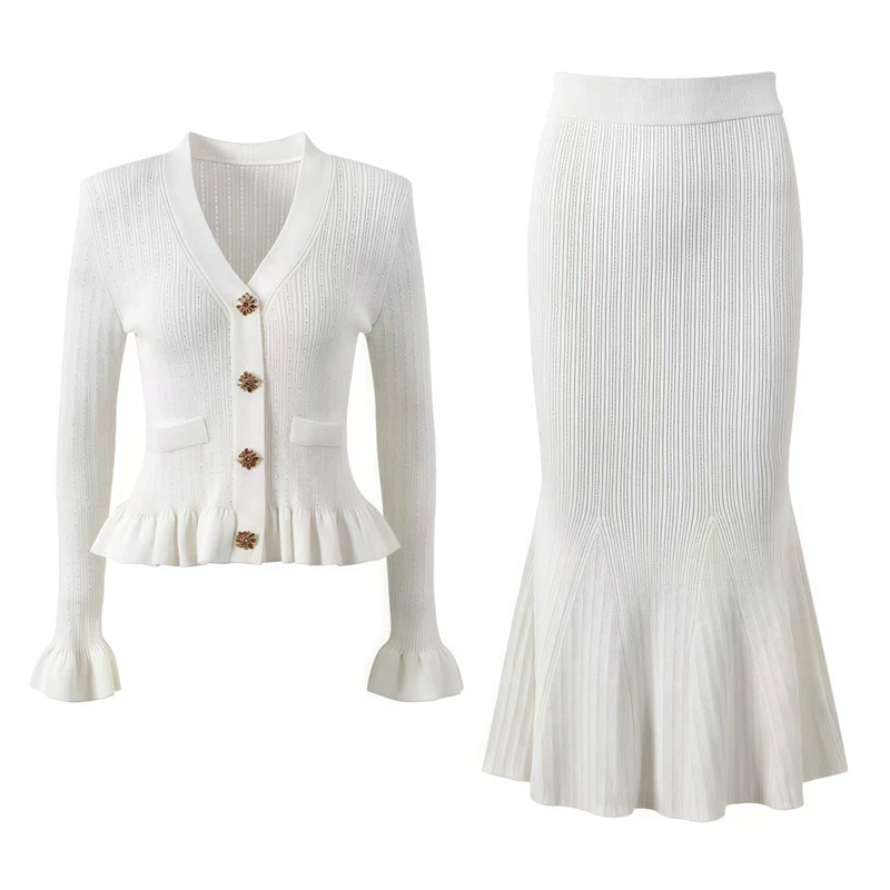 STYLISH LADY Ruffle Knitted Elegant 2 Piece Set Women Flare Sleeve Top and Midi Skirt Suits 2025 Autumn Solid OL Party Outfits