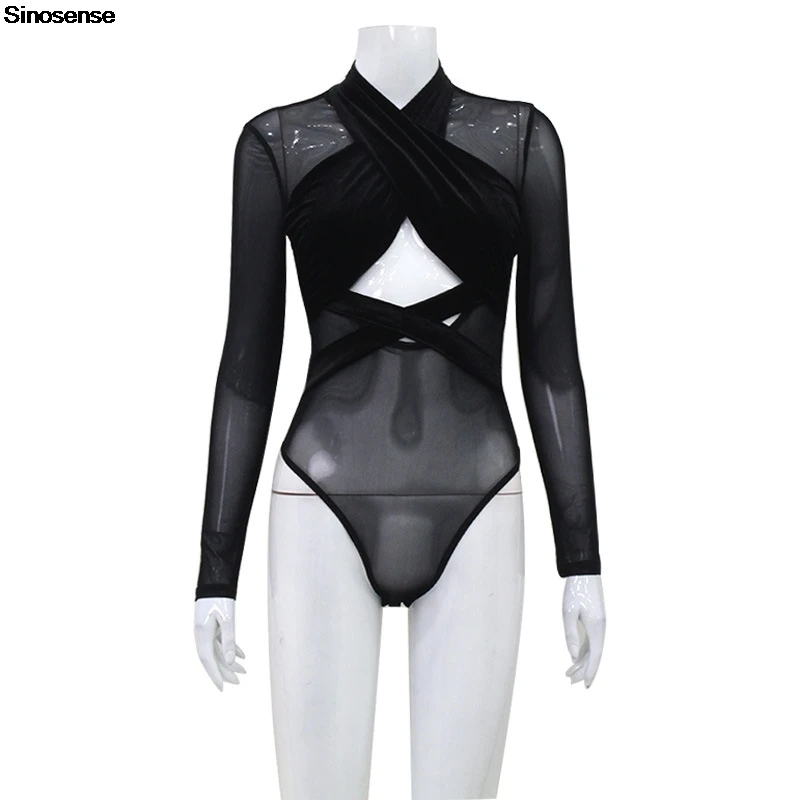 Body de manga larga de retales de terciopelo de malla transparente para mujer, traje ajustado para otoño, Tops Y2K para salir, cita, Club nocturno, fiesta, Leotardos