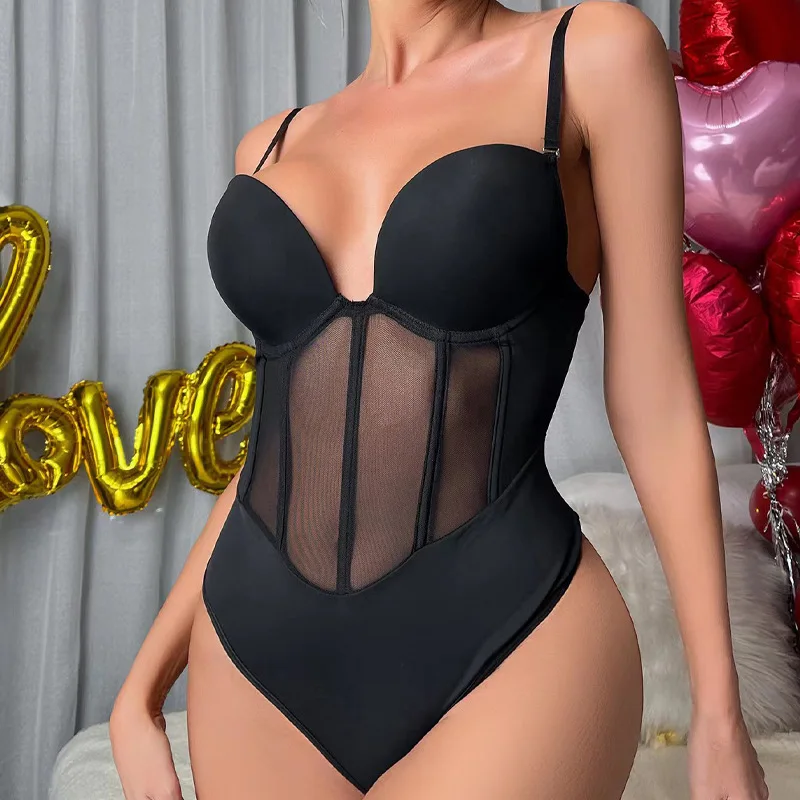 Bangniweigou Seamless Bodysuit with Cups Women Body Shaper Mesh Patchwork Thin Straps Skinny Bodice Black Nude