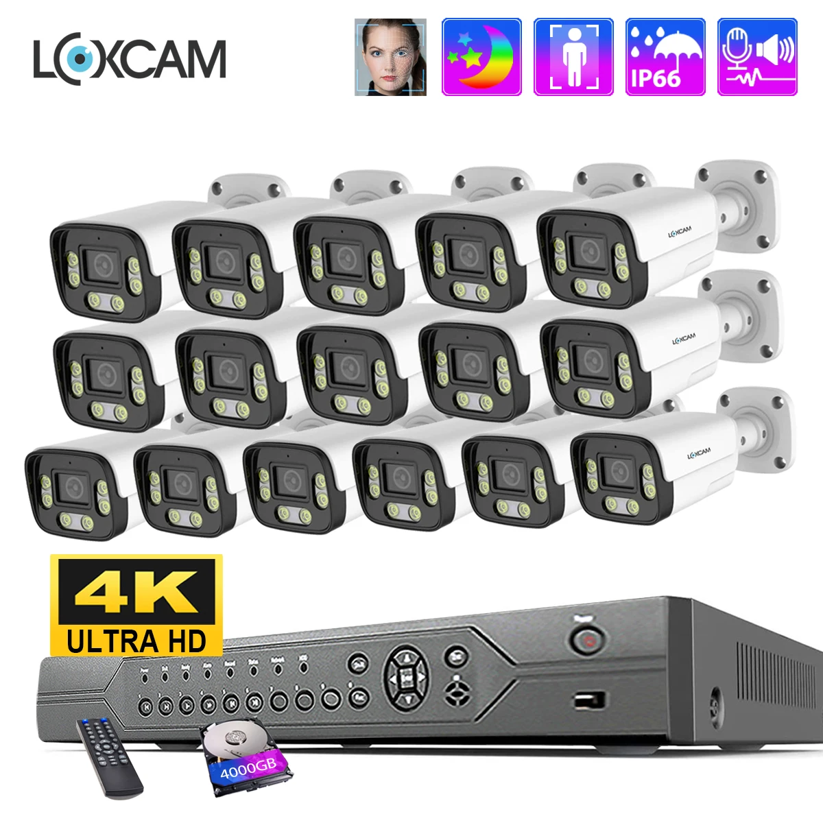 

LOXCAM 4K POE Security Camera System 16CH NVR Kit 8MP Ai Face Human Detect Outdoor 4MP Two Way Audio Video Surveillance Set