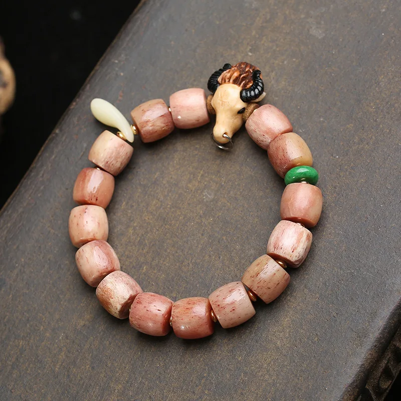 Chinese Style Lucky Fortune Blessing Natural Camel Bone Barrel Beaded Bracelet Yellow God Of Wealth Carved Pendant Wrist Jewelry