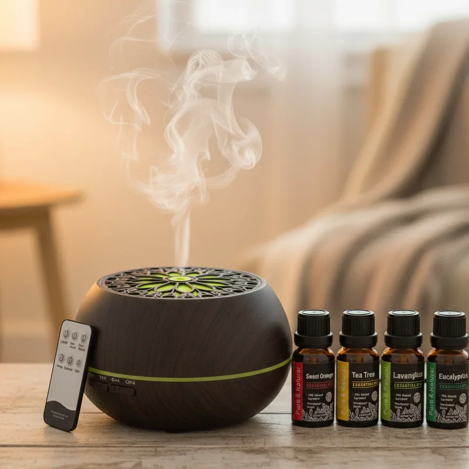 موزع روائح الزيوت العطرية سعة 550 مل مع جهاز تحكم عن بعد، و6 روائح، و7 مصابيح ومؤقت ملونة، مثالي للمساحات الكبيرة