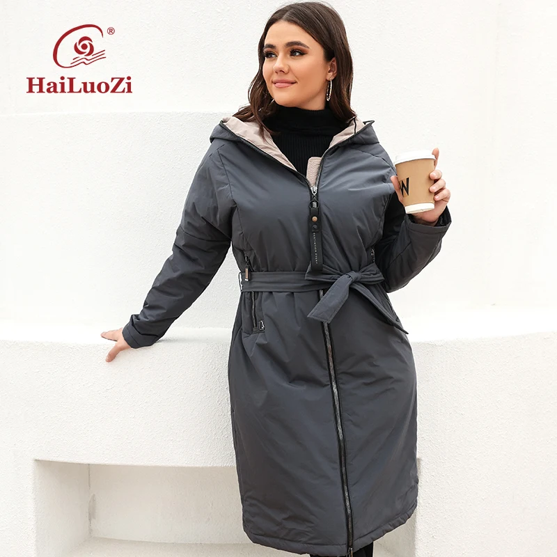 HaiLuoZi Spring Women Jacket Fashion Belt Design Hooded Warm Women\'s Coat Large Size XXL-7XL Splicing  Female Long Parkas 7850