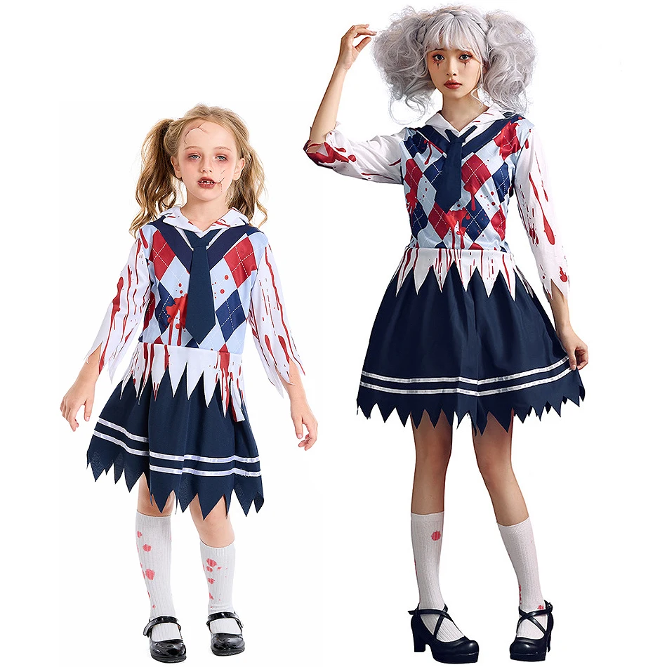 Girl Halloween Masquerade Party Outfits Adult Zombie Bloodstained Dress Up Student Uniform Top Skirt Set Kid Performance Clothes