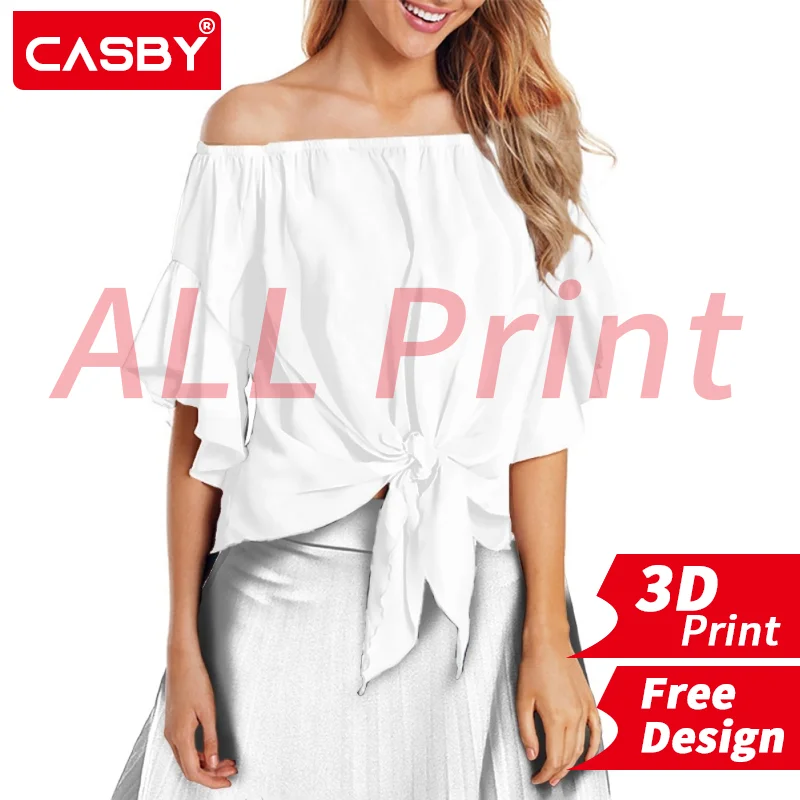 

Casby 2022 New Fashion Off-shoulder Short Sleeve Shirt Female's Blouse 3D Print Custom Logo All Print Design DIY Free Design