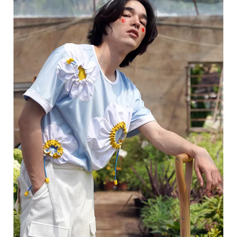 Men's 2025 Summer Tees Flower Three-dimensional Drawstring Pleated Decorative Tops Trendy Short-sleeve Round Neck Loose T-shirts
