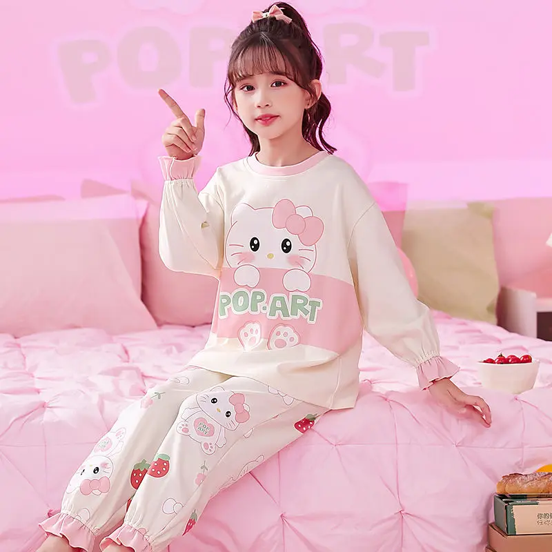 

Hello Kitty Cinnamoroll Kuromi My melody Pochacco girls pajamas autumn pure cotton cute middle and large children's home clothes