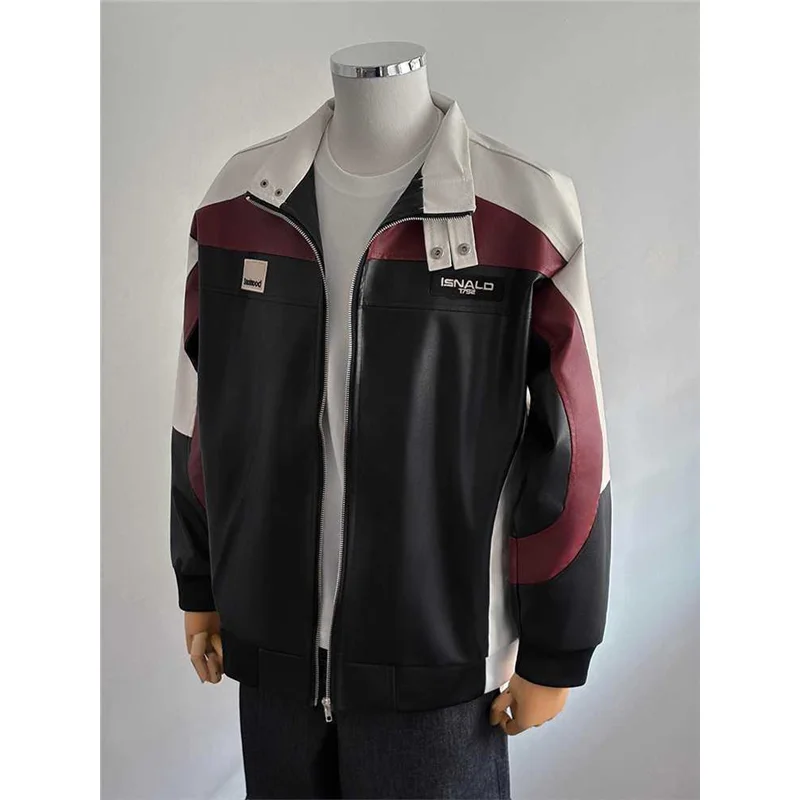 

American Retro Structured Color Blo Stand Collar PU Leather Jaet Men's Faion Autumn Winter Biker Vest Outerwear