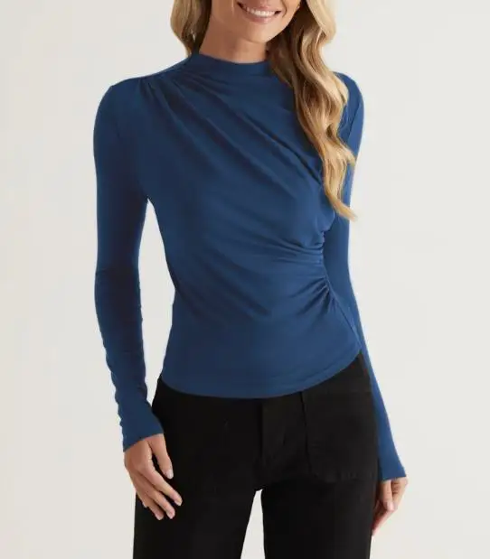 

Women's commuting pure desire pleated small high neck T-shirt fashionable tight fitting long sleeved shoulder solid color top
