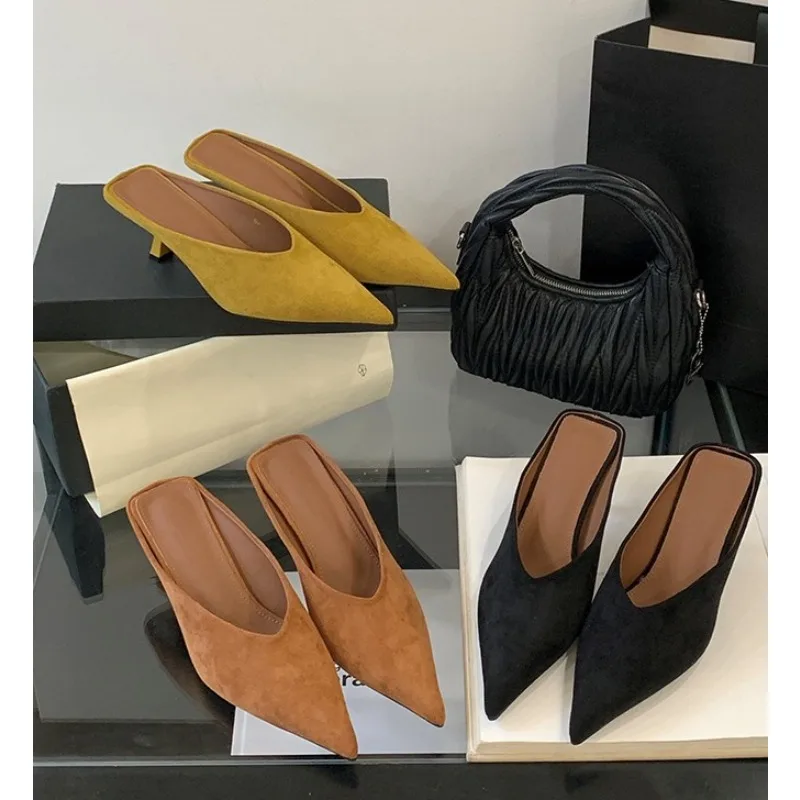 

2025 Autumn Women Slipper Fashion Pointed Toe Sahllow Slip on Mules Shoes Thin High Heel Outdoor Dress Sandal Pumps