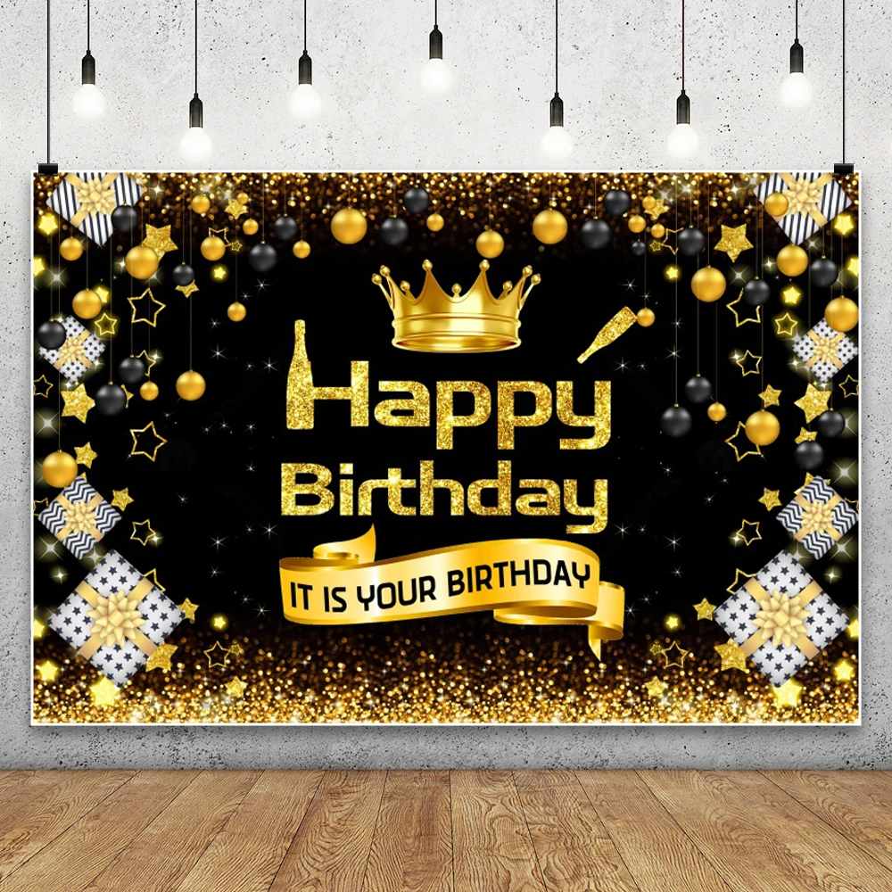 Фон с днем рождения, черные золотые воздушные шары, шампанское, декор для дня рождения, фон для фотосъемки на заказ, баннер для мужчин и женщин