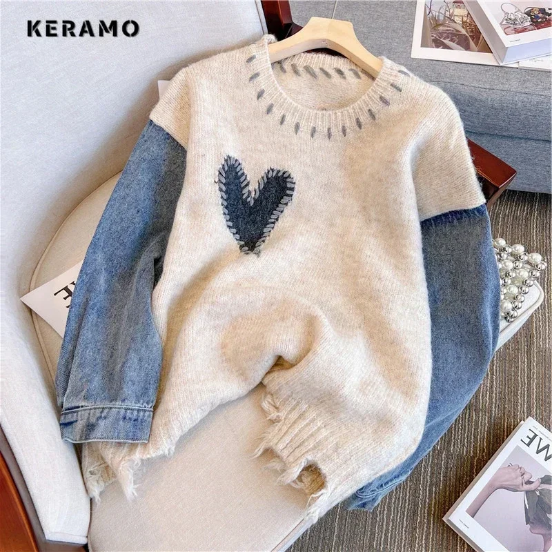 Women\'s Vintage Y2K Knitting Long Sleeve Casual Pullovers 2023 Autumn Winter Fashion Round Neck Patchwork Denim Sweater Top