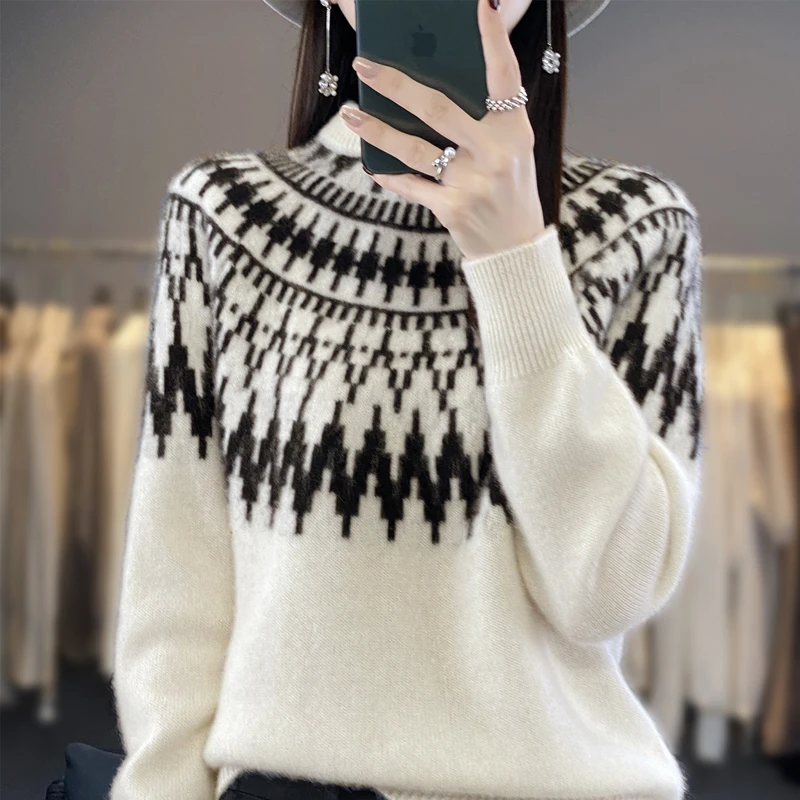 Women New Wool Blend Sweater Half-high Collar Jacquard ​Pullover Autumn Winter Bottoming Shirt Casual Warm Knitting Tops