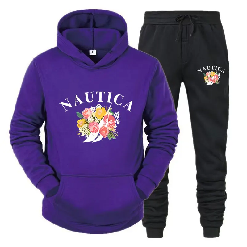 NAUTICA letter logo print 2-piece sports set, unisex sports pants set, autumn casual streetwear hooded pullover sports set