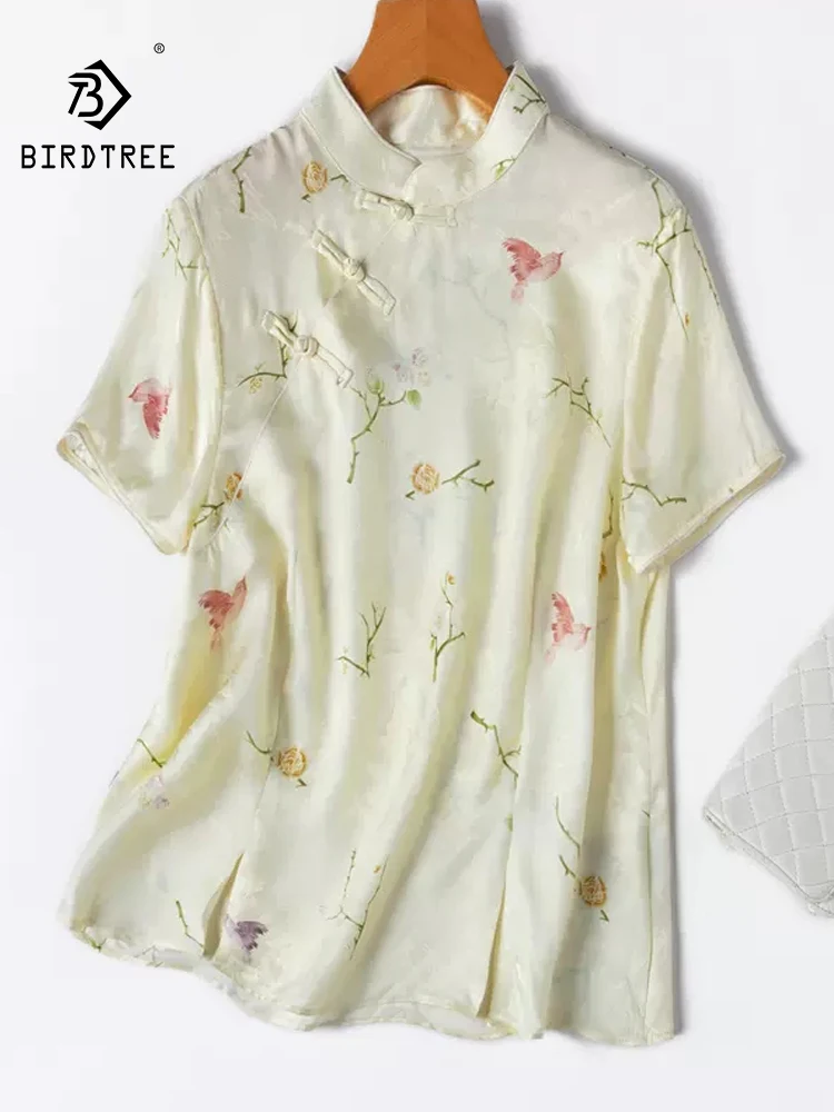 

BirdTree, 100%Real Silk Elegant T-Shirt, Women Short Sleeve Stand Printed, Loose Commute Chinese Style Top, 2024 Summer T46317QC