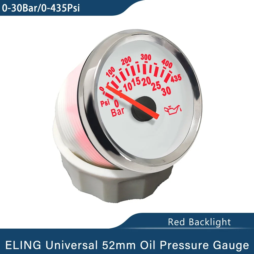 ELING Car Vessels RV Universal 52mm Oil Pressure Gauge 0-30bar 0-435Psi with Red Backlight 12V 24V