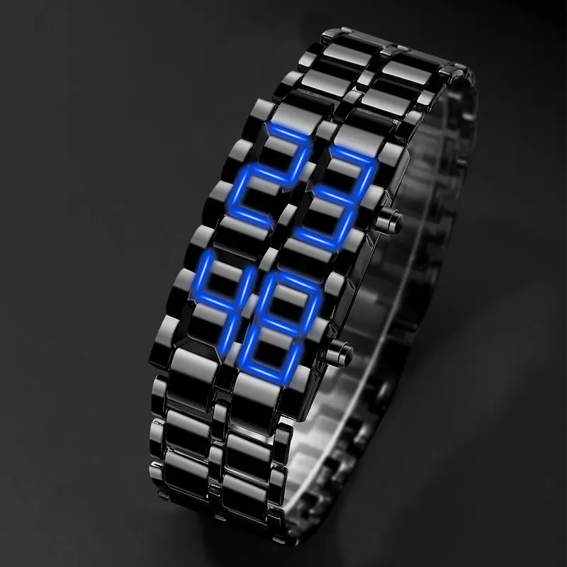 Fashion Black Full Metal Digital Lava Wrist Watch Men Blue LED Display Mens Watches Gifts for Male Boy Sport Creative Clock